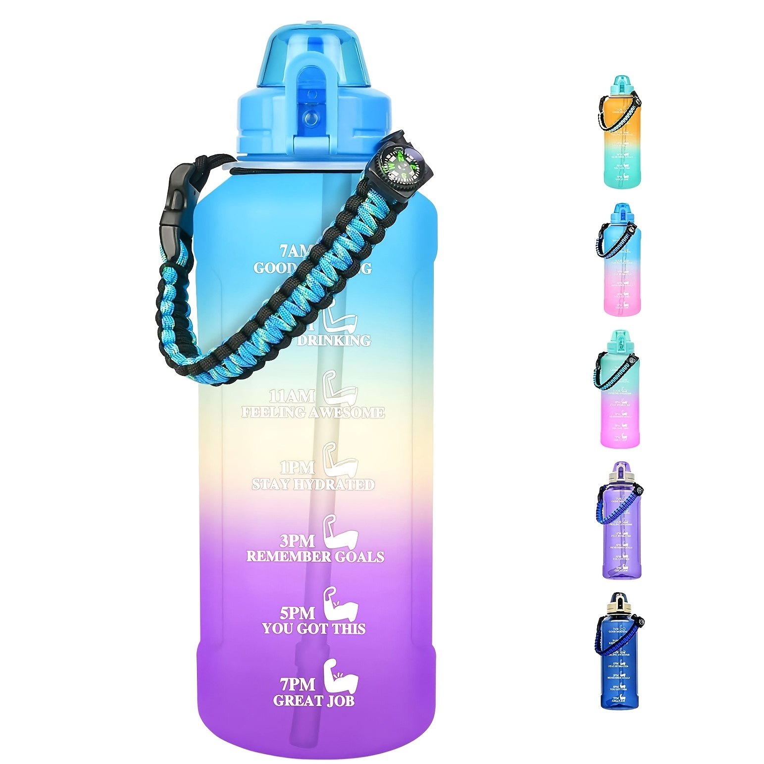 Large Motivational Water Bottle with Straw Time Marker BPA Free for Sport  and Fitness (Pink Blue, 64 Oz / Half Gallon)