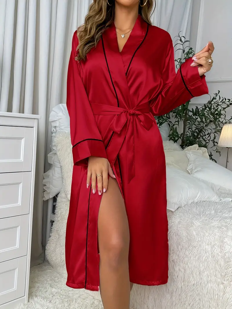 Simple Satin Pajama Set Long Sleeve Robe Belt V Neck Cami - Temu Italy