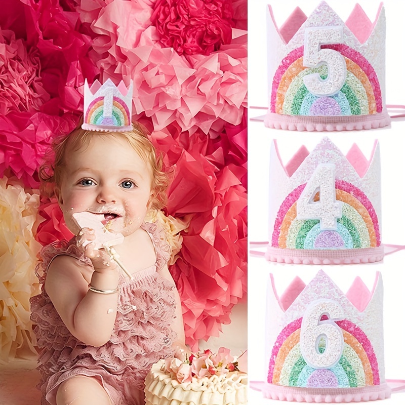 Corona de cumpleaños de arcoíris de 1 a 6 años de UDS, sombrero de fiesta  de primer cumpleaños, accesorio para el cabello de niña, diademas gorras -  AliExpress