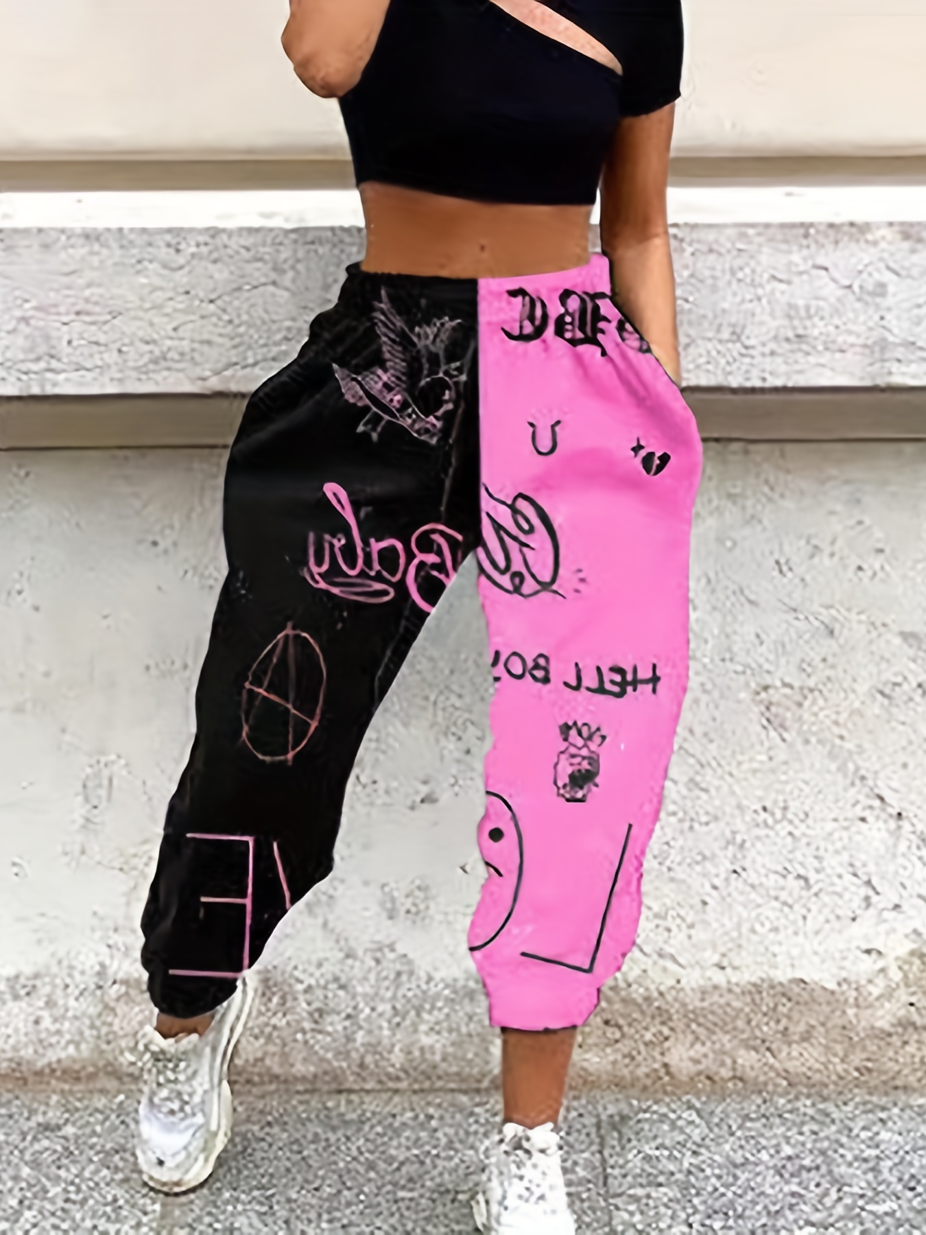  Pantalones de chándal casuales sueltos con estampado de grafiti  para mujer, cintura elástica con tobillos, pantalones deportivos de calle,  Pascua - Gris : Ropa, Zapatos y Joyería