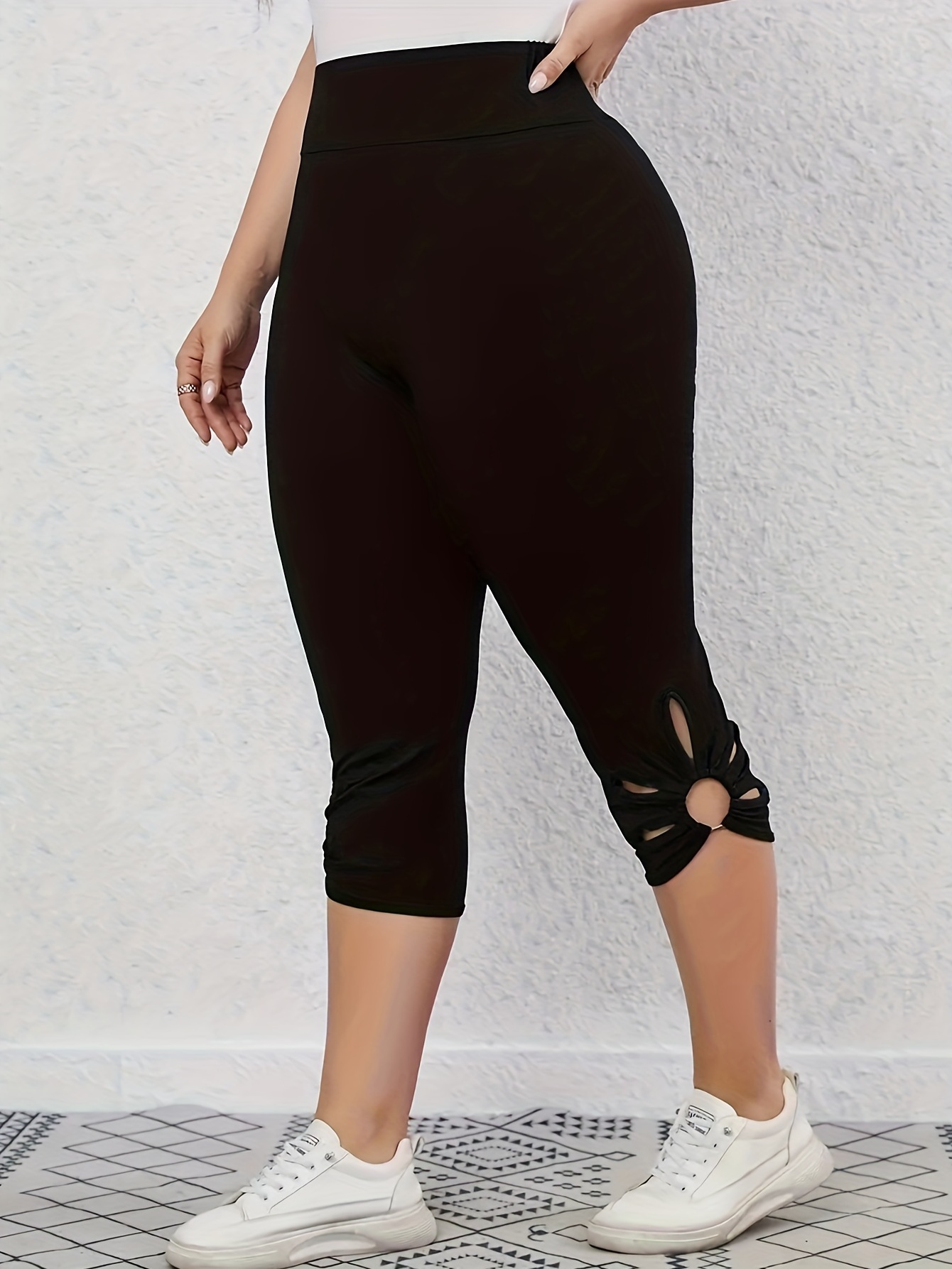 2 Pack Plus Size Sports Leggings Set, Women's Plus Solid Button Decor High  Waisted Stretchy Running Yoga Capri Pants 2 Piece Set