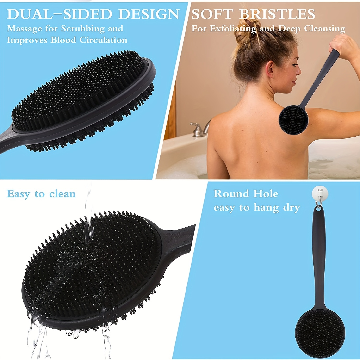 Silicone Double Sided Back Scrubber For Shower, Long Handle Bath