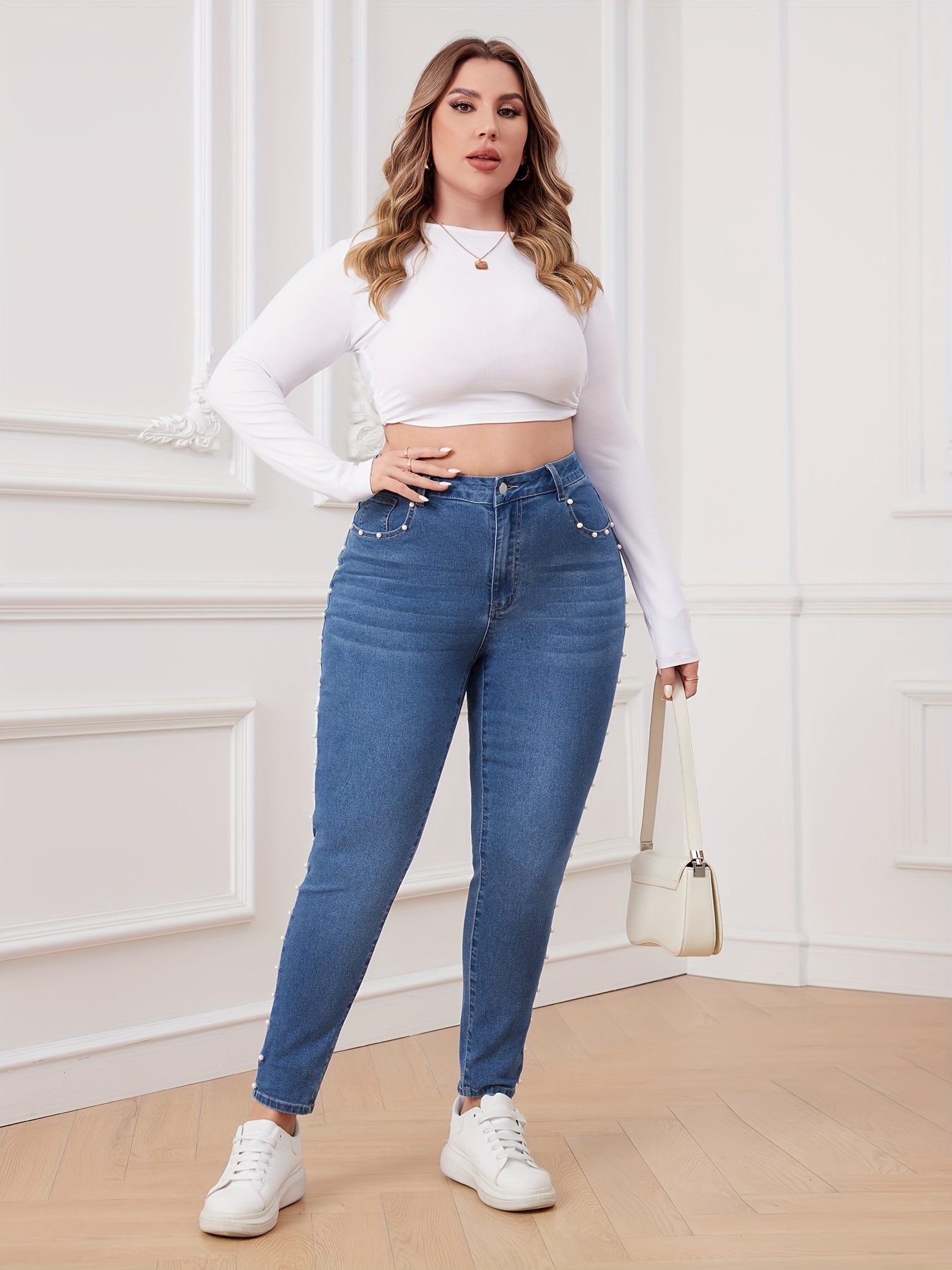 Women's Elegant Jeans, Plus Size Solid Faux Pearl Decor Button Fly High  Rise Tapered Leg Jeans