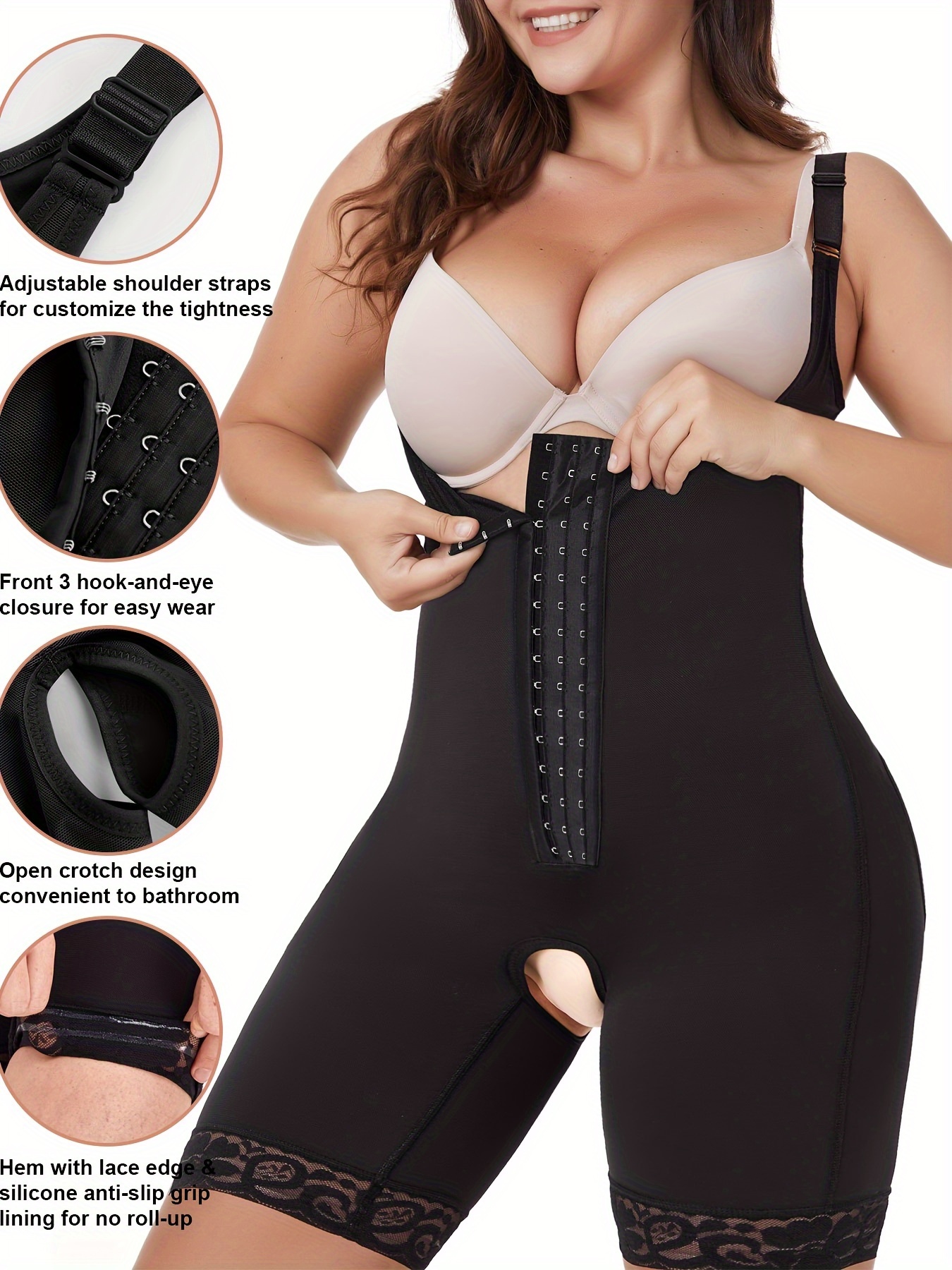 Women's Sexy Shapewear Bodysuit, Plus Size Lace Trim Tummy Control Butt  Lifting Open Crotch Adjustable Body Shaper, Free Shipping For New Users
