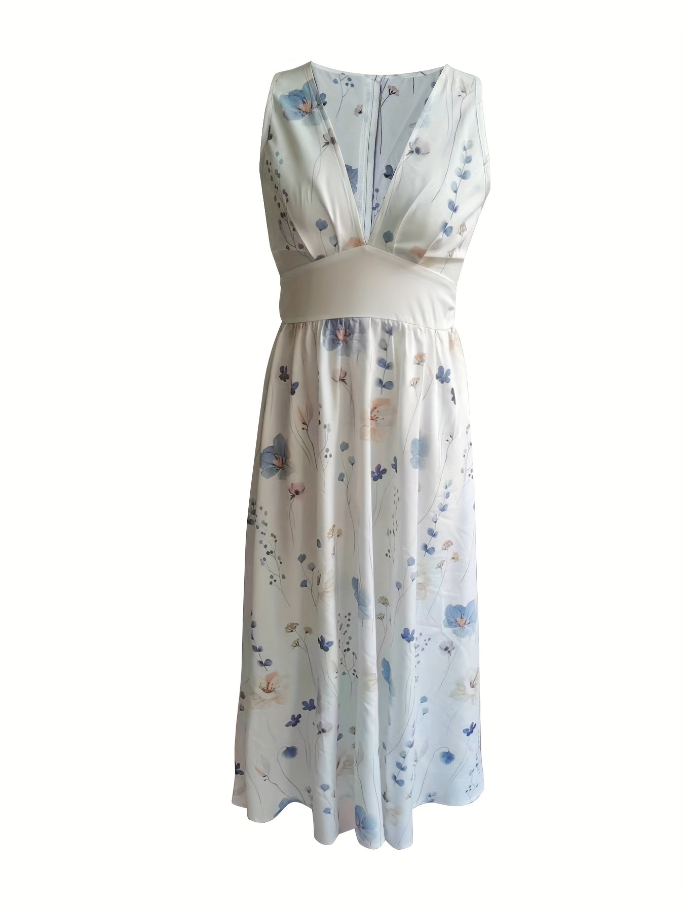 Floral Print Plunging Dress Casual Sleeveless High Waist - Temu Canada