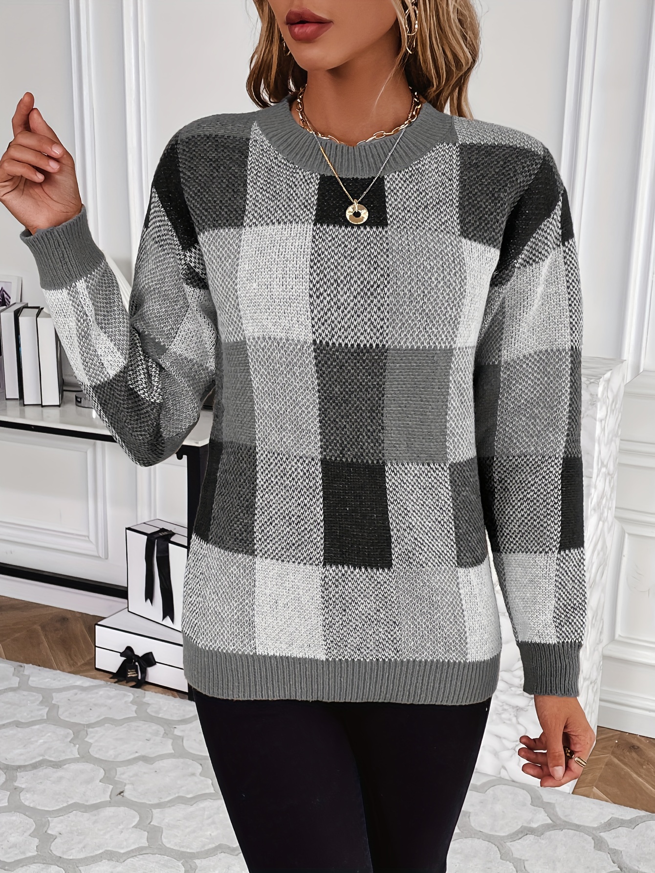 Plaid Pattern Crew Neck Pullover Sweater Casual Long Sleeve - Temu Canada