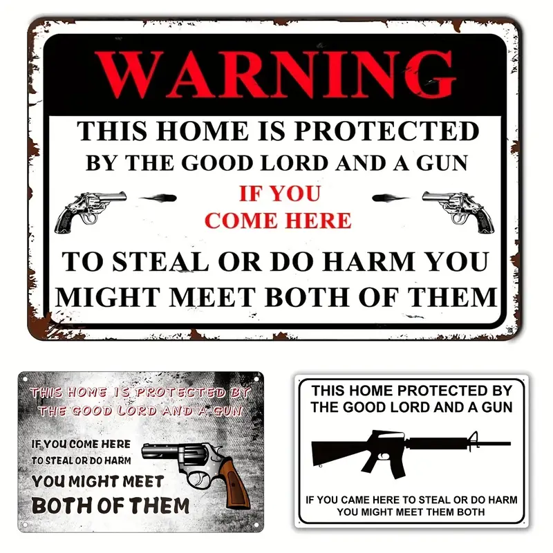1pc Warning Metal Tin Sign Home Protected By The Good Lord And A Gun Funny Home Outdoor Indoor Protect Family Wall Art Decor Gift For Neighbors Relatives Friends 8 12inch