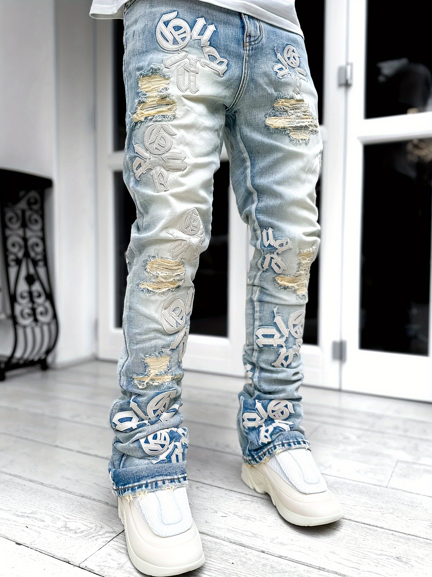 Mens Stacked Jeans Fashion Slim Fit Ripped Skinny Jeans Trendy Frayed Raw  Hem Denim Pants Hip Hop Streetwear Trousers 