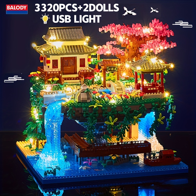 DIY Ancient Chinese Waterfall Wooden Miniature Model With Light