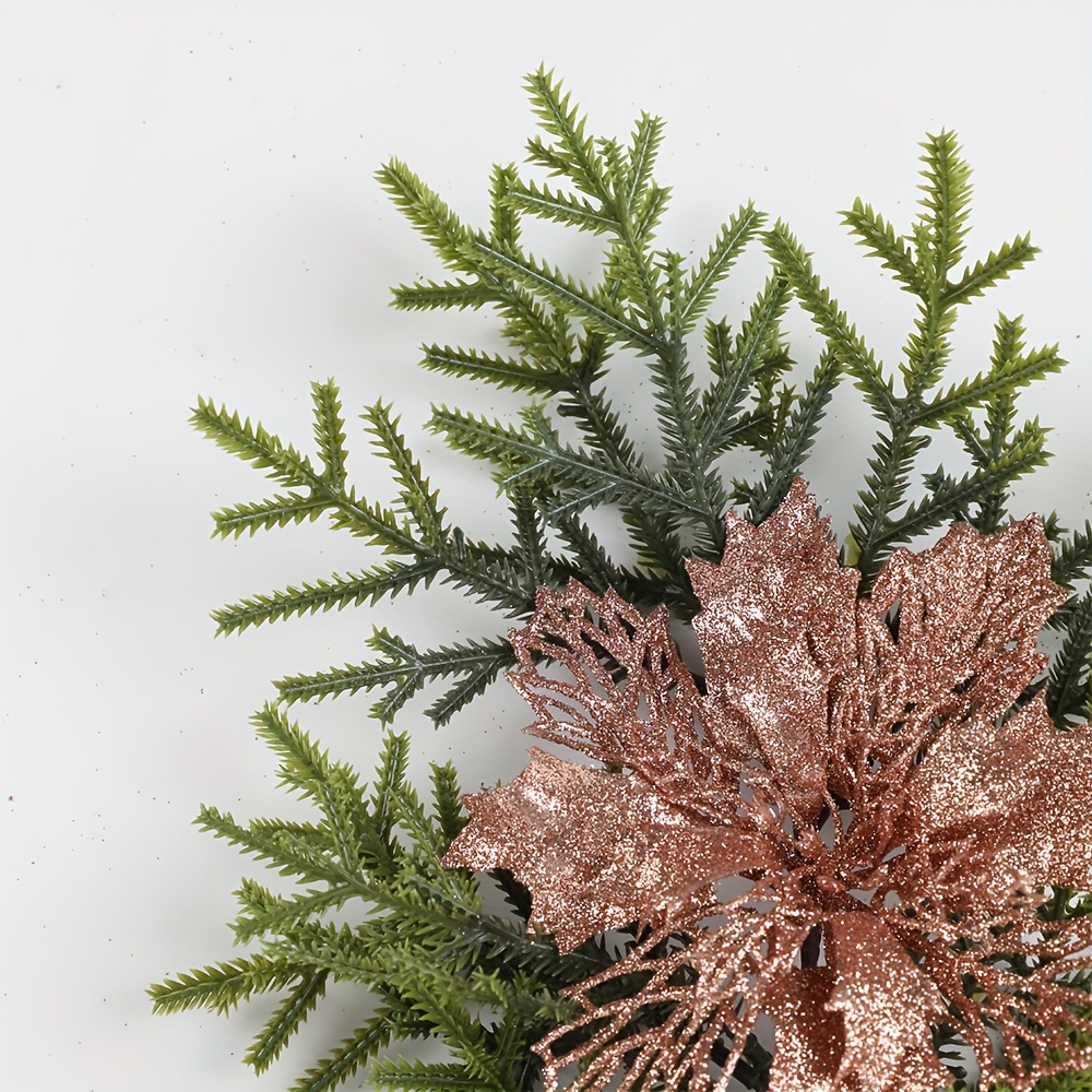 Christmas Flower Artificial Glitter Flowers With Pine Leaf 3 - Temu