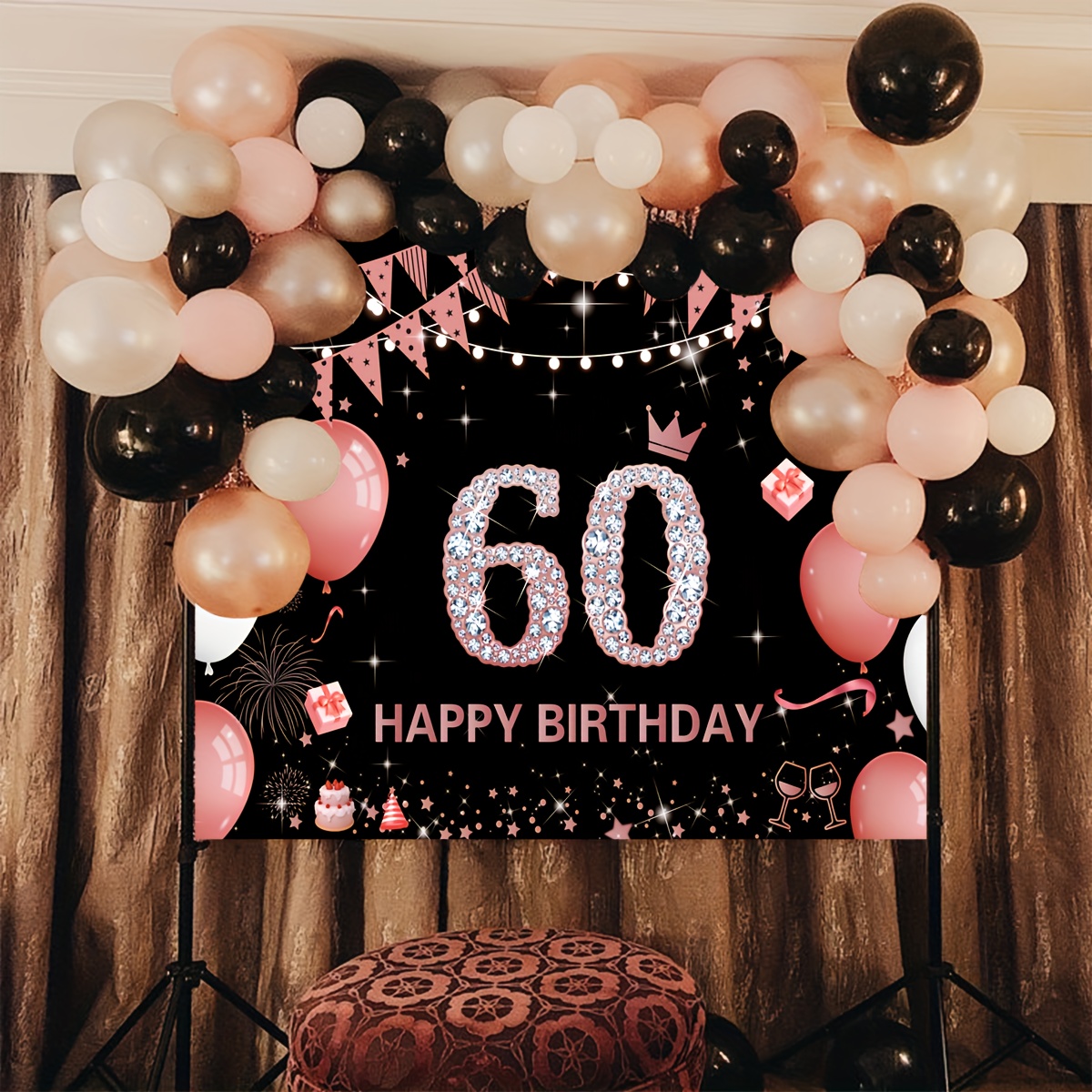 60Th Birthday Decorations for Women - Rose Gold Birthday Backdrop Banner,  60 Yea