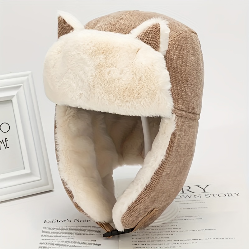Cute Cat Ears Bomber Hat Beanie Solid Color Thick Plush Ushanka Hats Winter Warm Windproof Soft Ear Flap Hat for Women,Temu