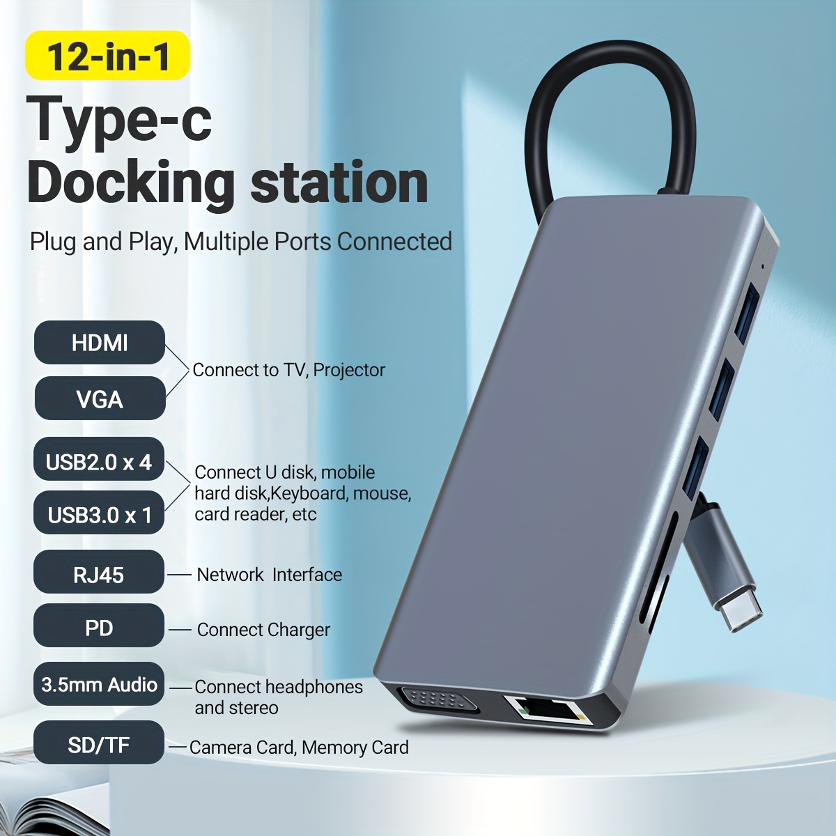 USB C Laptop Docking Station HDMI VGA USB PD LAN RJ45 SD Hub