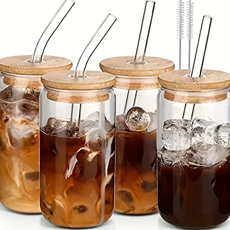  [ 6pcs Set ] Glass Cups with Bamboo Lids and Glass Straw - Beer  Can Shaped, 16 oz Iced Coffee Drinking Glasses, Cute Tumbler Cup for  Smoothie, Boba Tea, Whiskey, Water 
