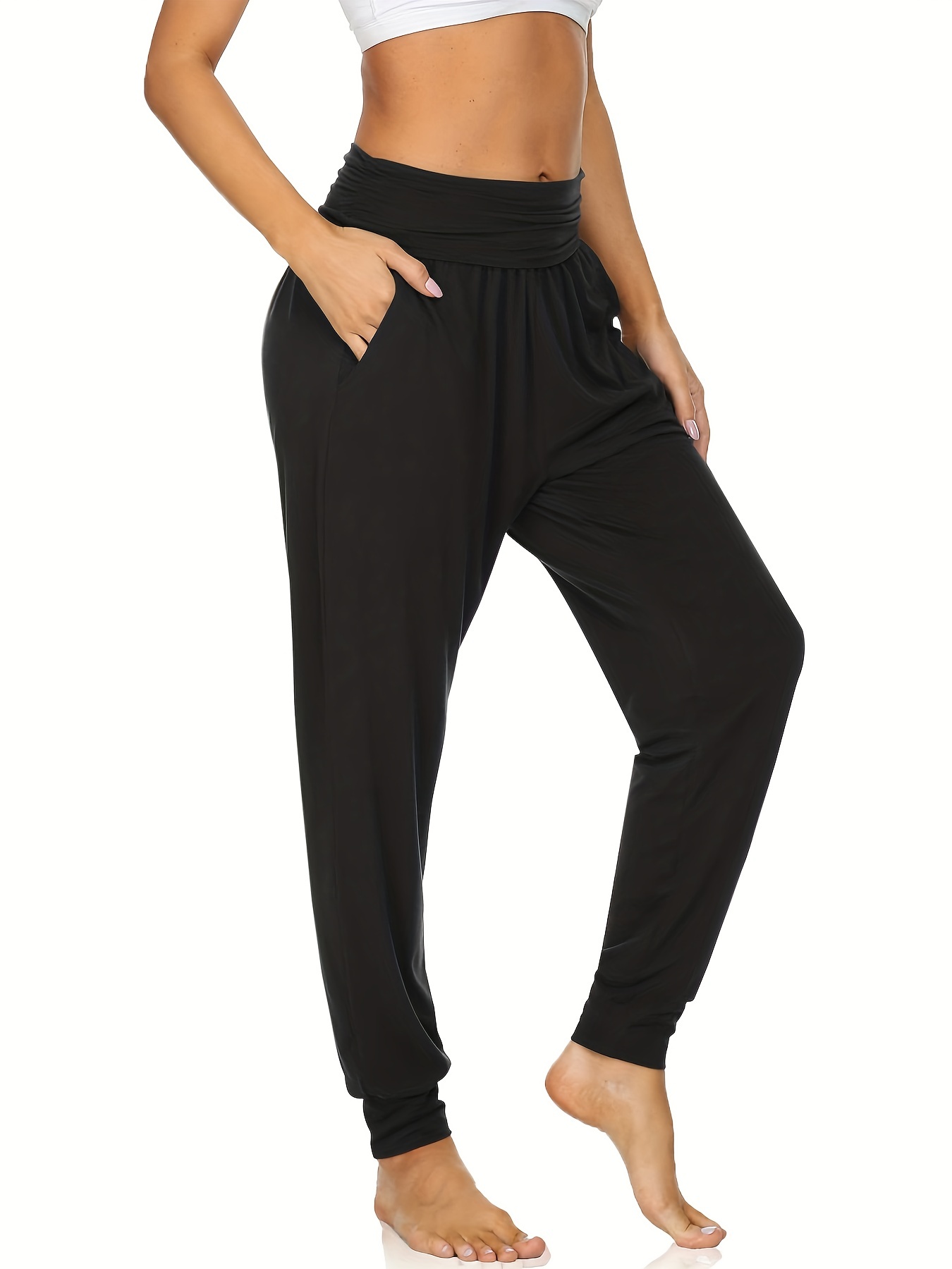 Women's Activewear: Solid Slant Pocket Capri Pants Perfect - Temu