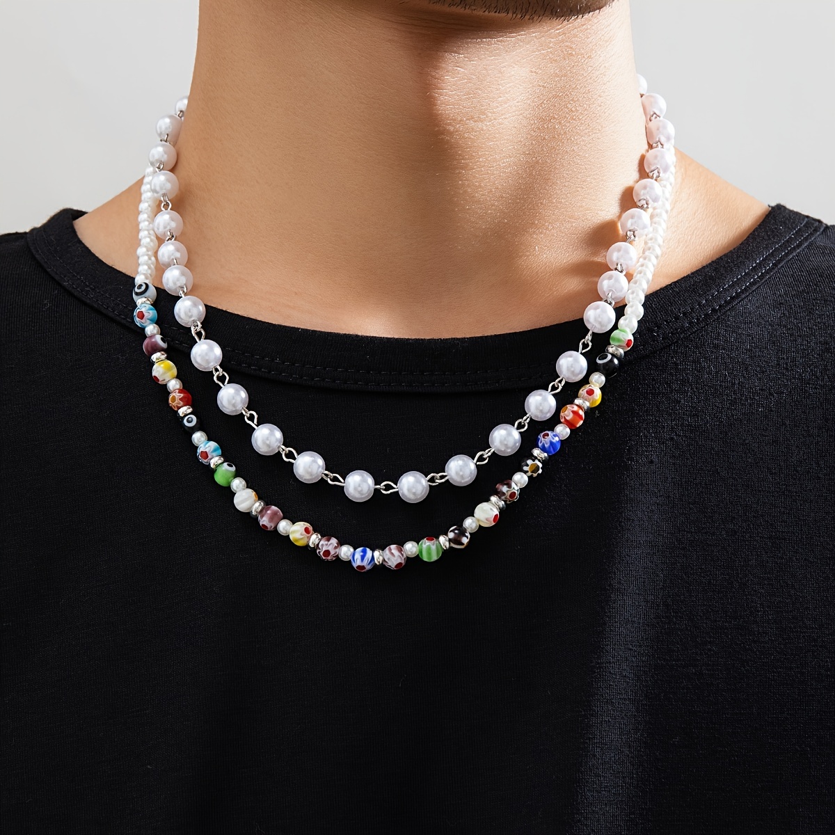 Men's Pearl Necklace with Hand-Painted Glass Beads