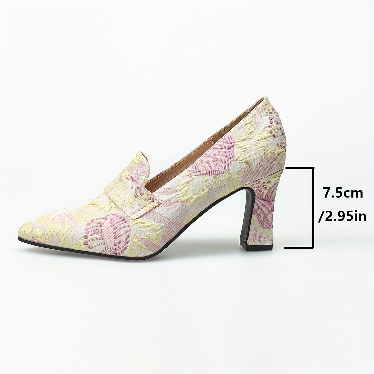 Women's Floral Embossed High Heels Pointed Toe Slip On Soft Sole Chunky Heels