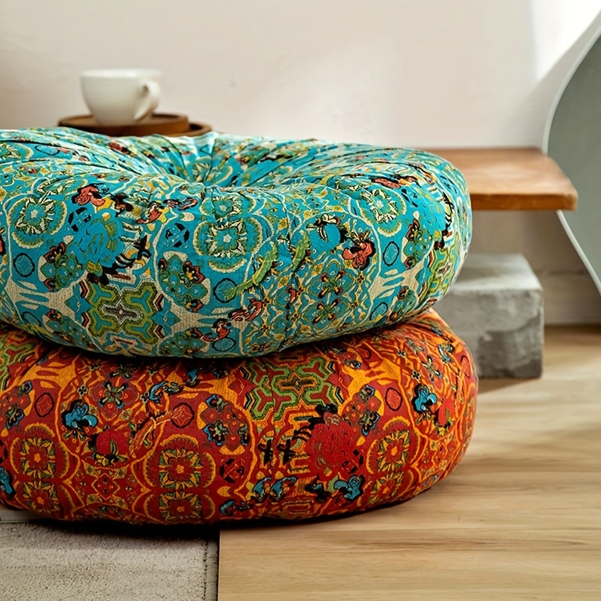 Round Bohemian Floor Cushion Pillow, Mandala Meditation Yoga Tatami Seating Cushion, Cotton Linen Boho India Floor Seat Pillows for Living Room Sofa