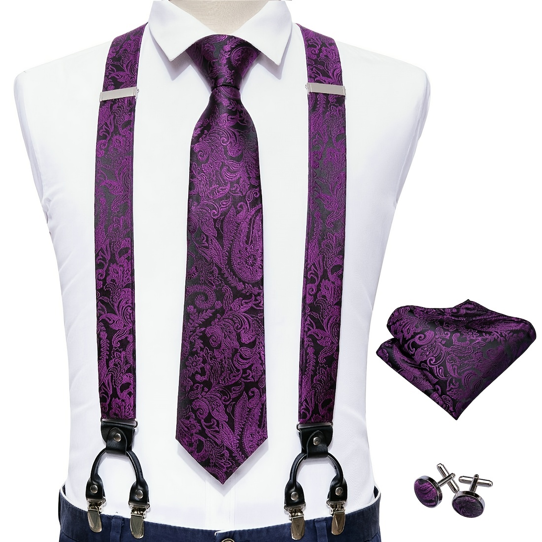 Barry Wang Mens Suspender Tie Set Adjustable Clips Y Type Suspender Floral  Paisley Jacquare Silk Necktie Handkerchief Cufflinks Formal Wedding  Accessories Purple Red Green Blue Gold Black Ideal Choice For Gifts 