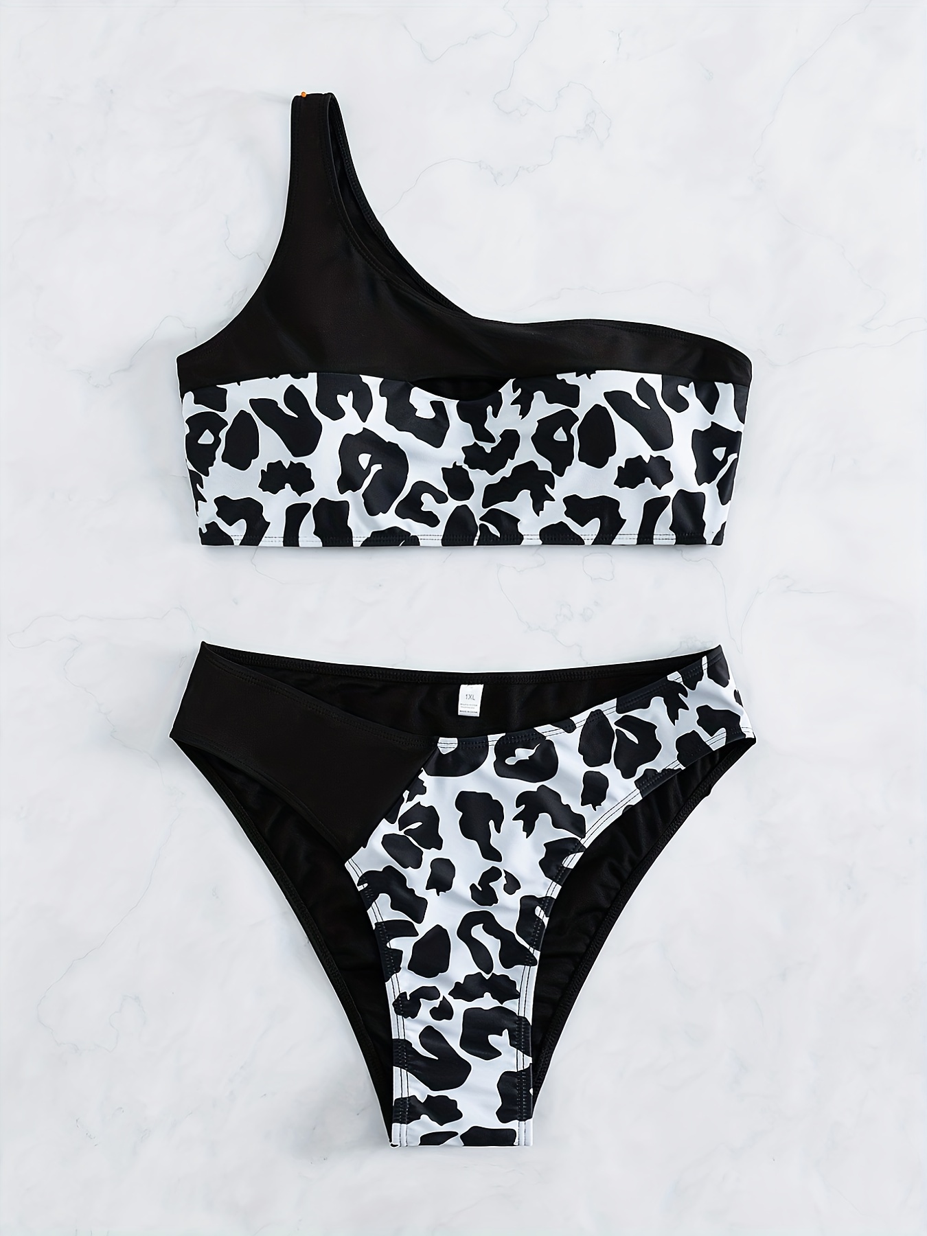 Plus Size Sexy Bikini Set, Women's Plus Colorblock Cow Print One Shoulder  Bikini Two Piece Set