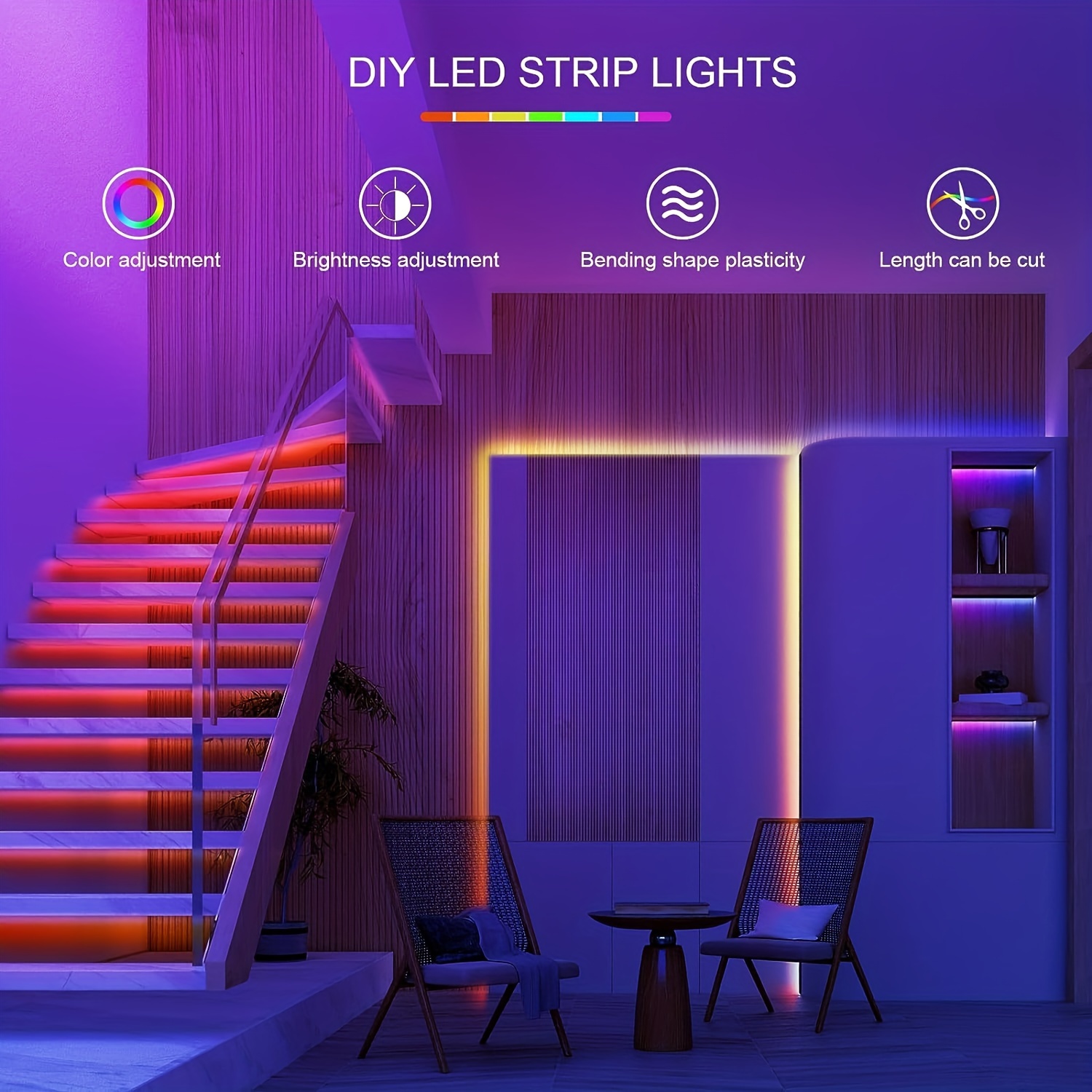 Luces LED para dormitorio de 100 pies (2 rollos de 50 pies) con  sincronización de música que cambian de color, tira de luces con control  remoto y