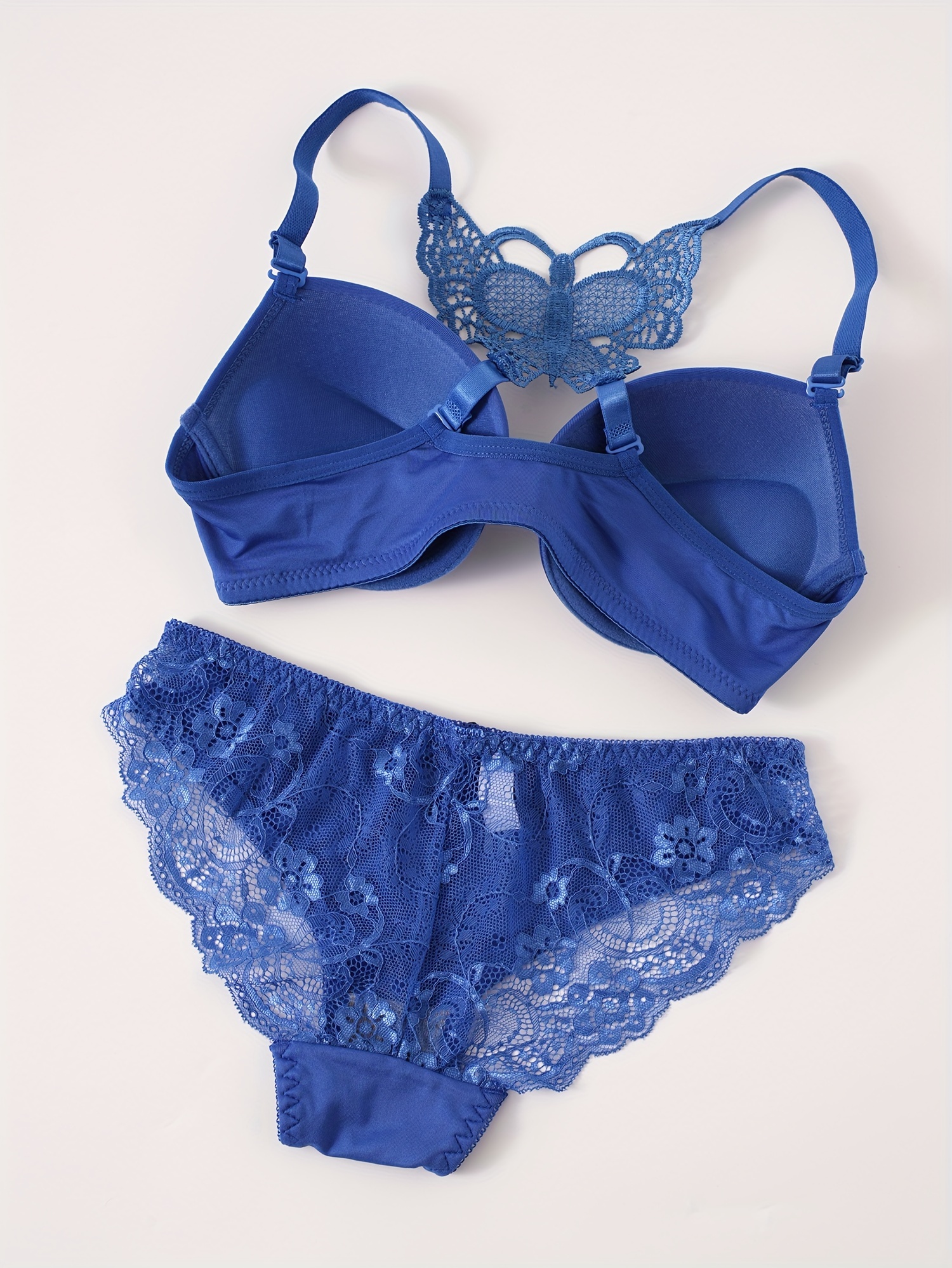 Plain Blue Lace Bra & Panty, Push Up Bra & Bow Decor Panties Lingerie Set,  Women's Lingerie & Underwear