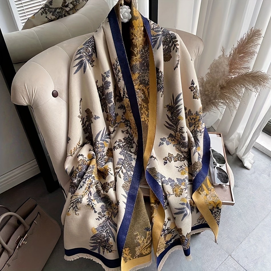 

Double Sided Plant Jacquard Scarf, Elegant Style Soft Warm Fringe Shawl, Autumn Winter Windproof Blanket Scarf For Women