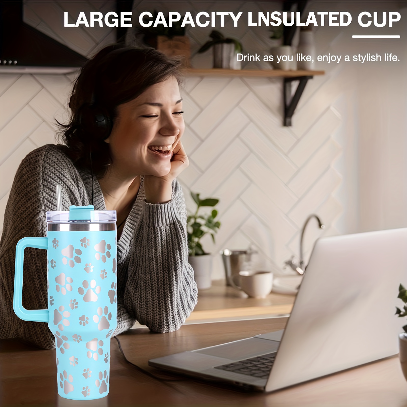 Insulated Tumbler With Handle Straw Lid Creative Laser Cat - Temu