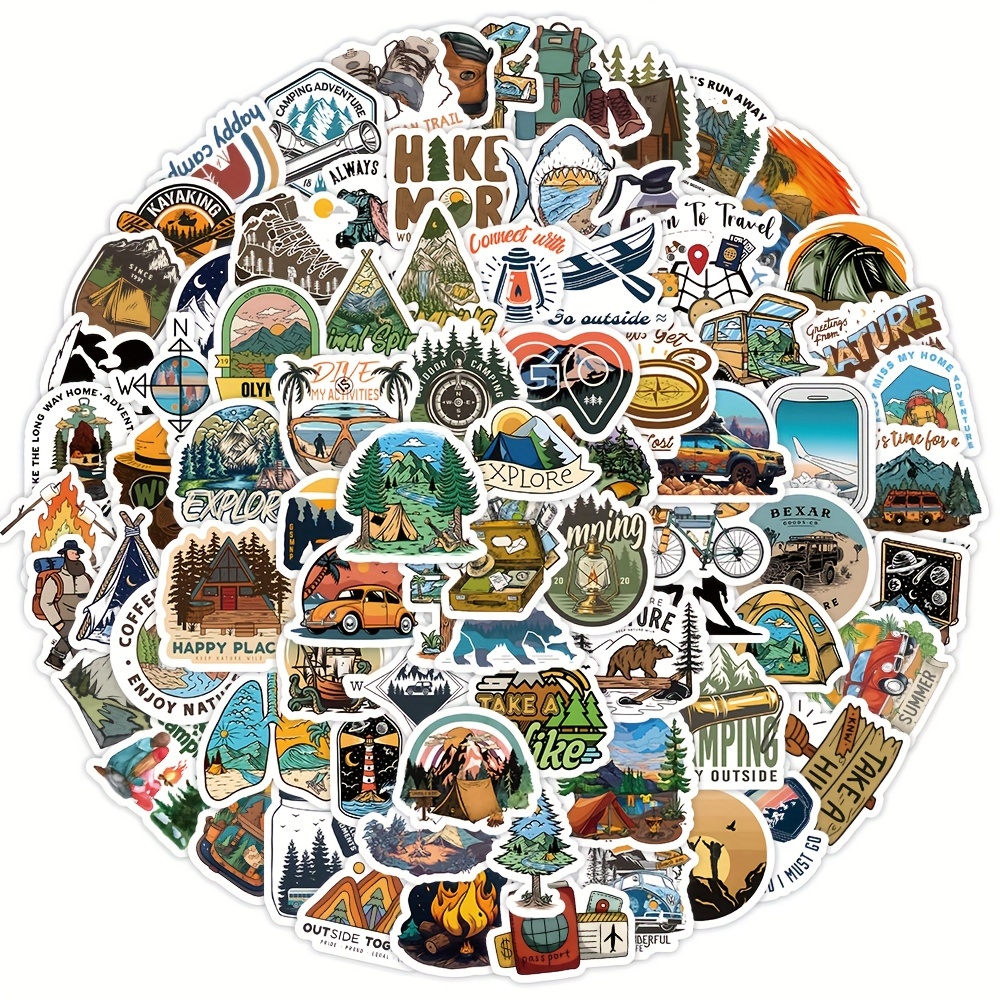 

100pcs Outdoor Camping Stickers For Water Bottle, Waterproof Adventure Hiking Sticker Camper, Wilderness Nature Forest Decals For Laptop Helmet Luggage