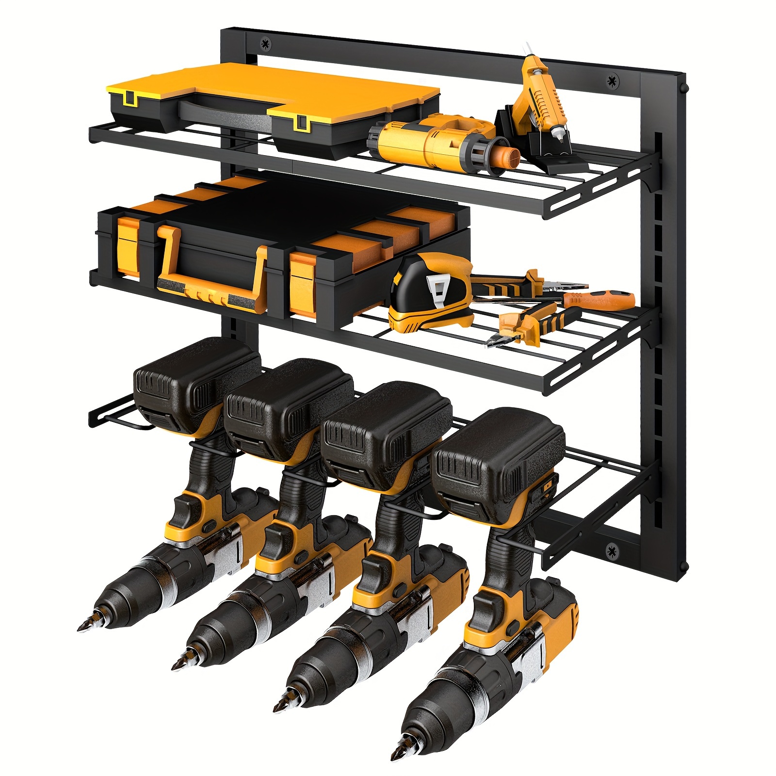 Organizador de herramientas eléctricas de 3 niveles montado en la pared |  Soporte para taladro y estante de almacenamiento para taladros  inalámbricos