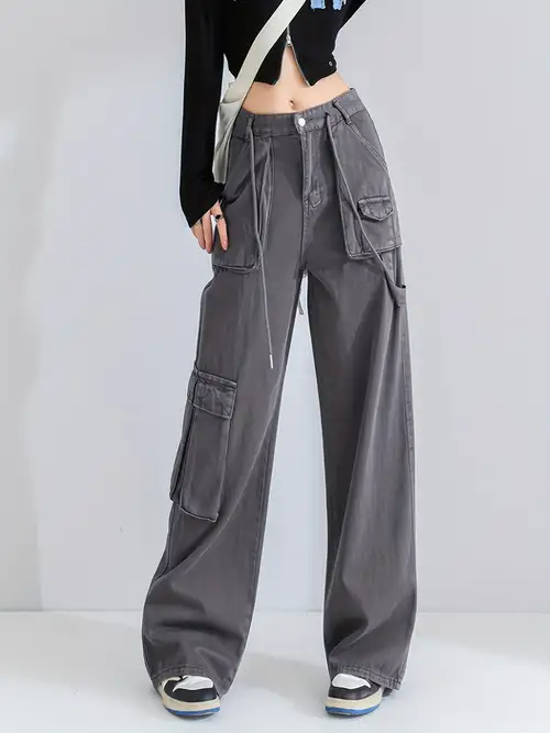 Grey Flap Pockets Cargo Pants Loose Fit High Waist Straight - Temu