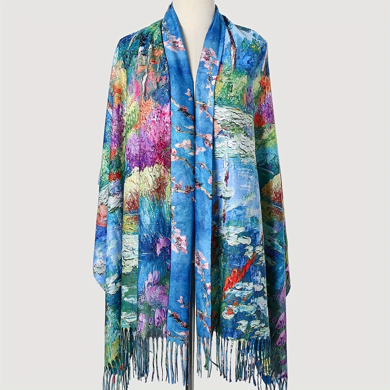 

Blue Reversible Graphic Scarves Vintage Art Print Scarf Elegant Soft Imitation Cashmere Large Tassel Shawl For Women Autumn & Winter