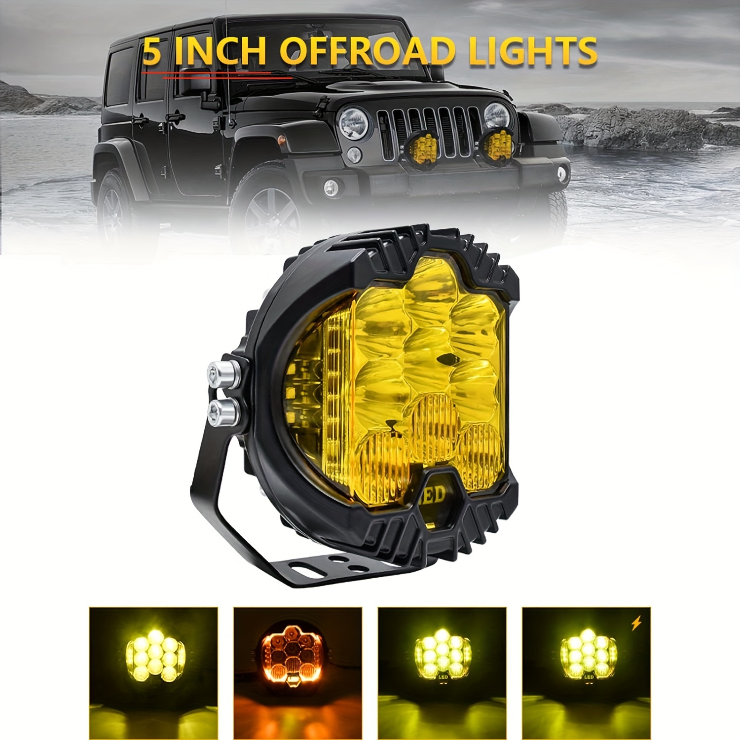 5/7inch Yellow LED Work Light Side Shooter Spot Flood Combo Driving Lamp  Off Road Driving Light Waterproof Fog Lights For Jeep Truck ATV SUV & Boat