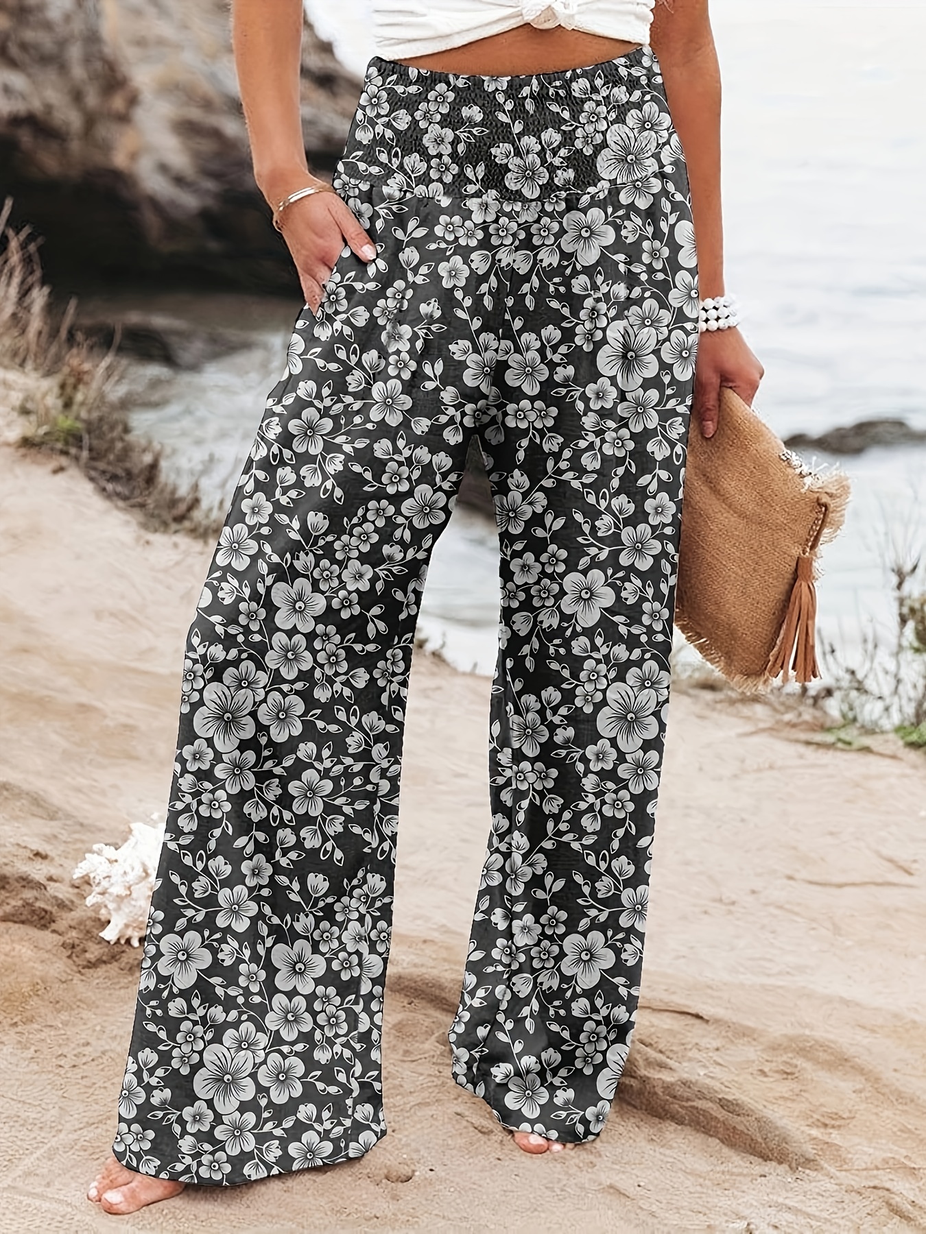 Women's Plus Size Pajama Lounge Pants Elastic Waist Gray Floral Size 5XL