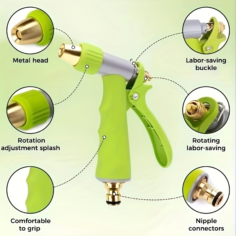 Un pistolet de lavage de voiture vert, tête de pistolet réglable en rotation, avec un clip économique, utilisable dans de multiples scènes, nettoyage pratique, arrosage, brossage, arrosage de jardin, arrosage de fleurs et autres scènes, fournitures essentielles de nettoyage détails 1