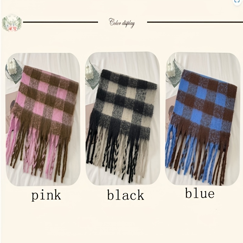 Trendy Striped Chunky Scarf on Fringe Thick Coldproof Plaid Large Scarves Classic Windproof Shawl for Women Autumn & Winter,Temu