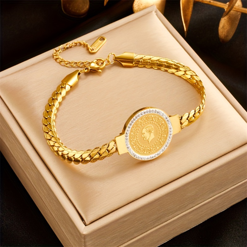 

1pc Fashion Stainless Steel Coin Bracelet, Creative Gold Plated Head Coin Design Bracelet, Banquet Party Elegant Jewelry For Men Women