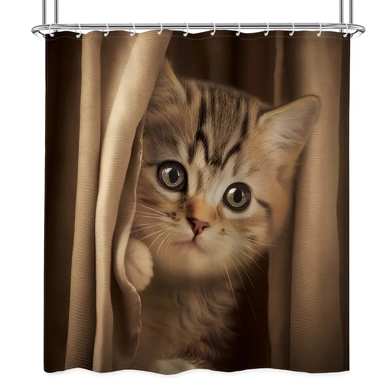 Funny Cat Shower Curtain Cute Brown Lovely Novelty Temu