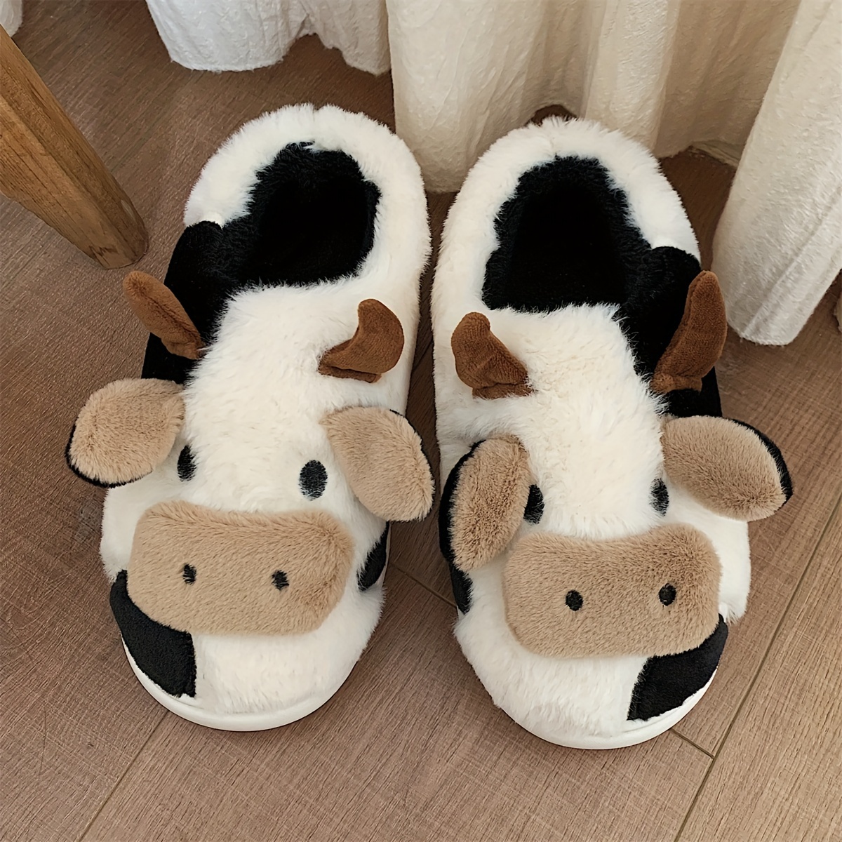 

Women's Cow Plush Novelty Slippers, Kawai Closed Toe Warm & Cozy Fluffy Shoes, Indoor Mute Bedroom Slippers