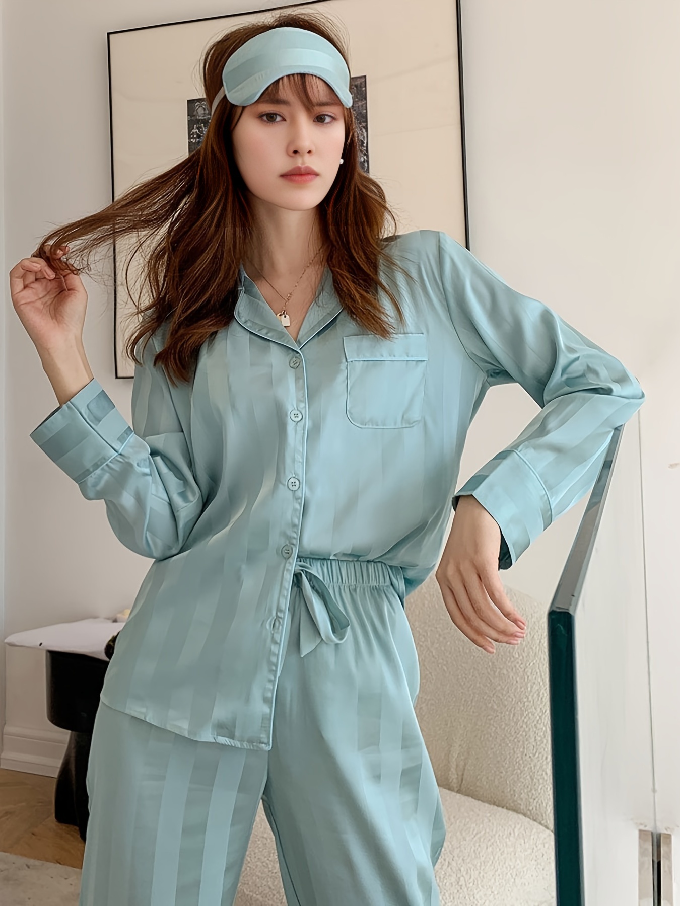 Soft Satin Striped Pajamas Set Lightweight Button Blouse - Temu