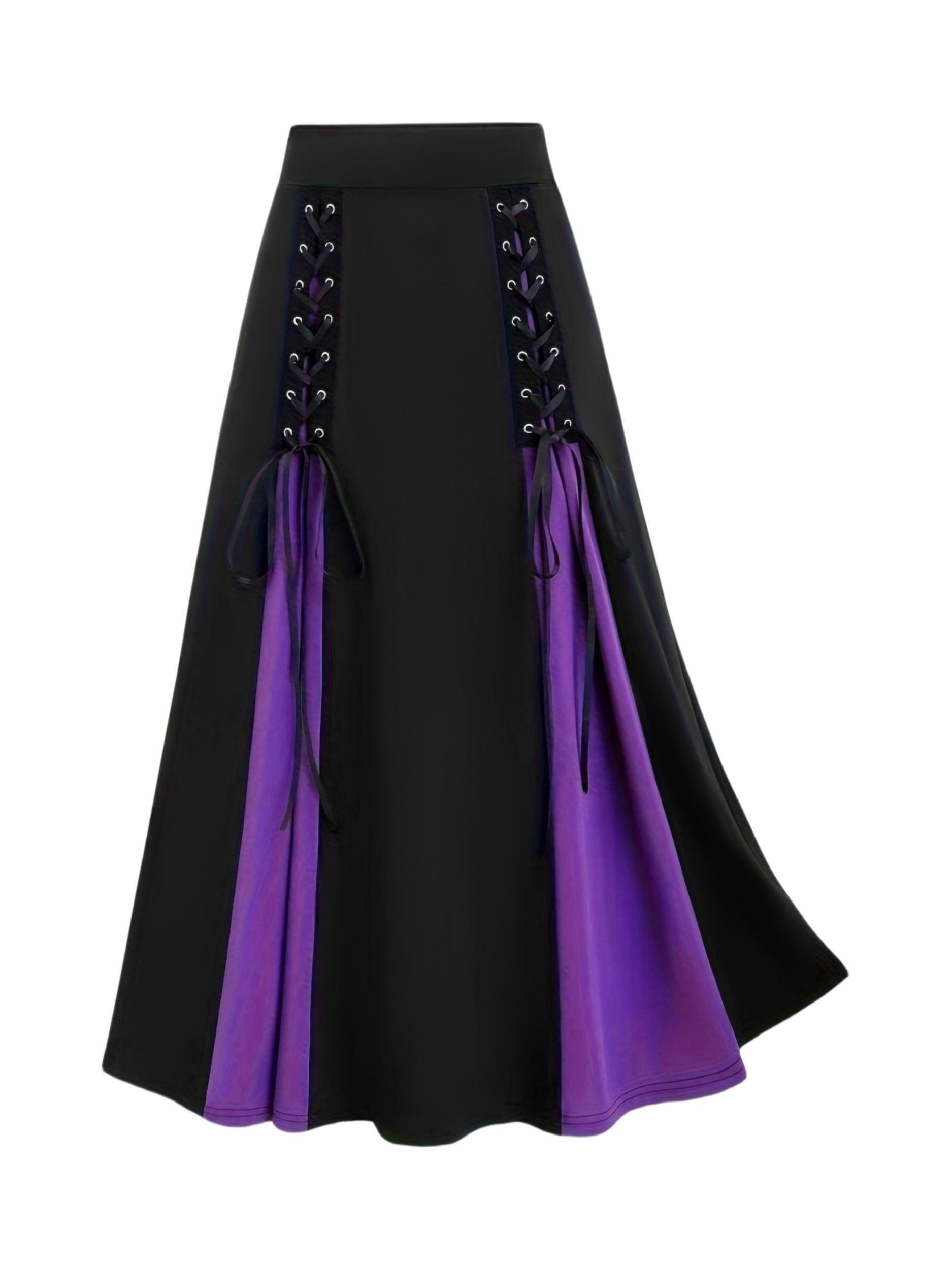 Vintage Colorblock Pleated Tie Front Skirt, Casual High Waist Skirt For Spring & Summer, Women's Clothing
