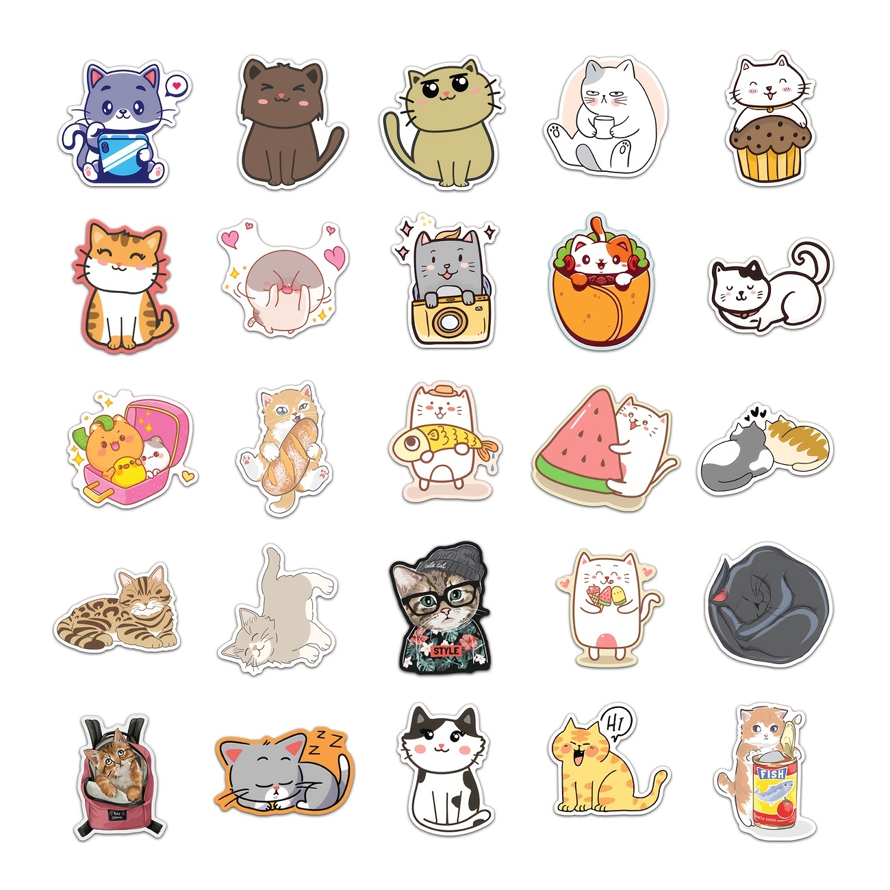 50PCS Cute Cat Stickers Vinyl Waterproof Funny Cats Decals for Water Bottle  Laptop Skateboard Scrapbook Luggage