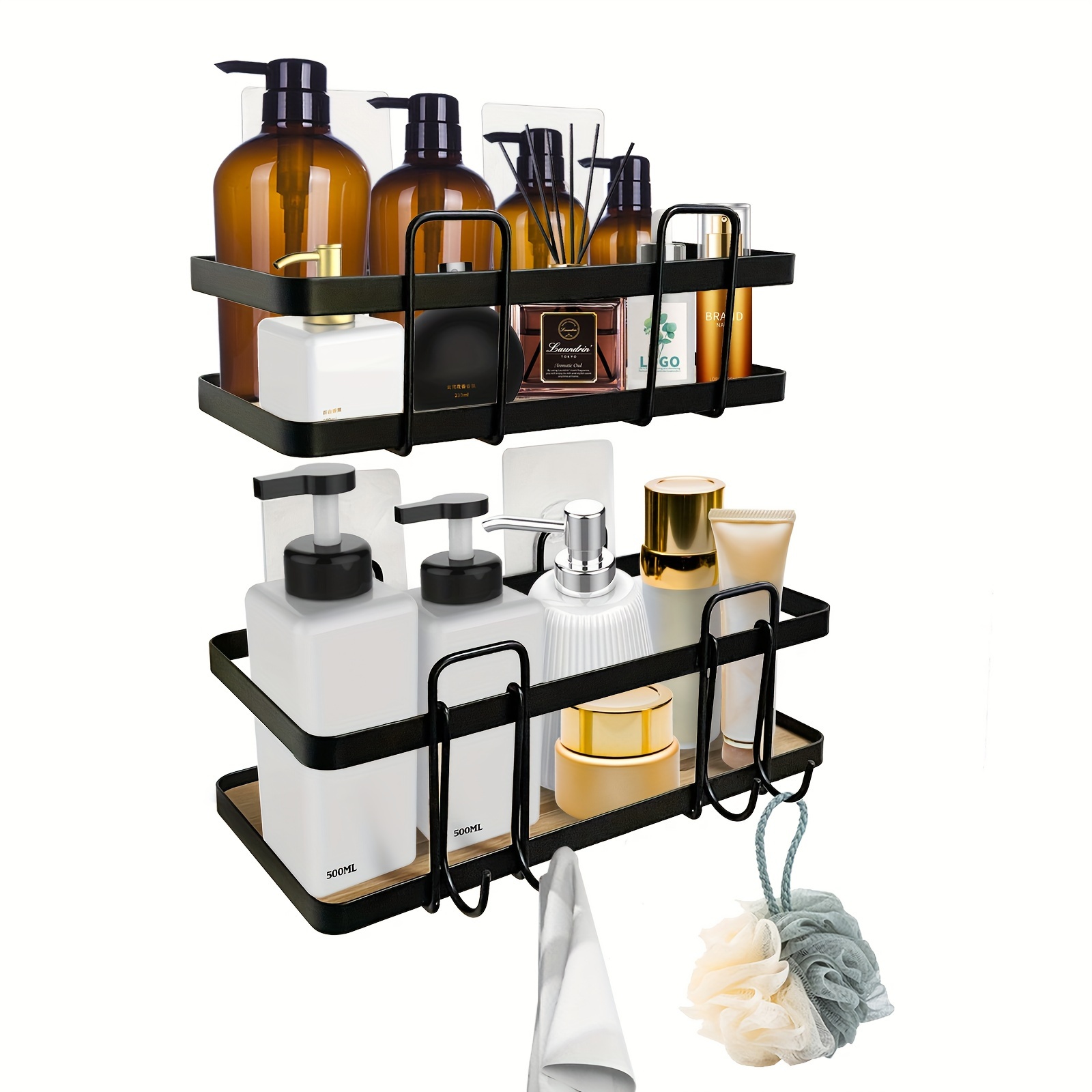 Shower Caddy, Bamboo Shower Organizer With Hooks, Adhesive Shower Shelves,  Rustproof For Inside Shower Storage, (drilling & No Drilling Two Options) -  Temu