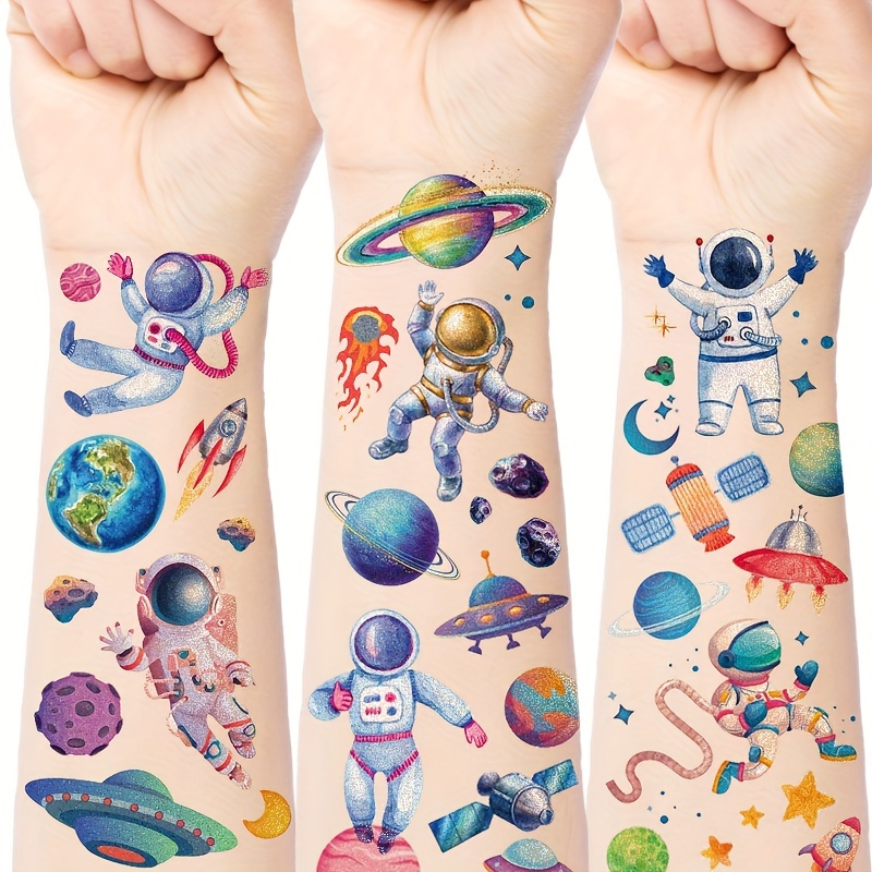 

6/12sheets Glitter Cartoon Space Astronaut Star Temporary Tattoos, Colorful Waterproof Tattoo Stickers Body Art, Outer-space Party Favors Boys Girls Birthday Makeup, Fake Star Sun Moon Tattoo Stickers