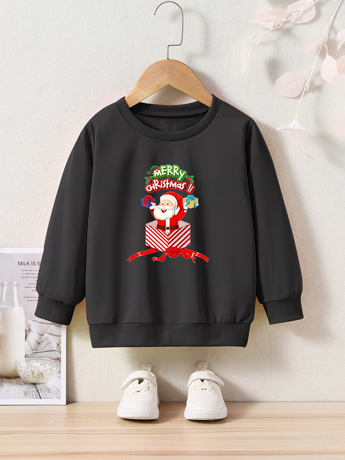 Christmas Santa Print Girls Sweatshirt Crew Neck Tops