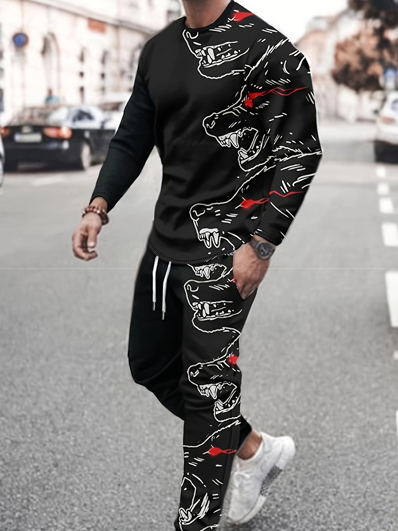 Wolf Pattern Men's 2Pcs Outfits, Casual Crew Neck Long Sleeve T-shirt And  Drawstring Sweatpants Joggers Set For Winter Fall, Men's Clothing