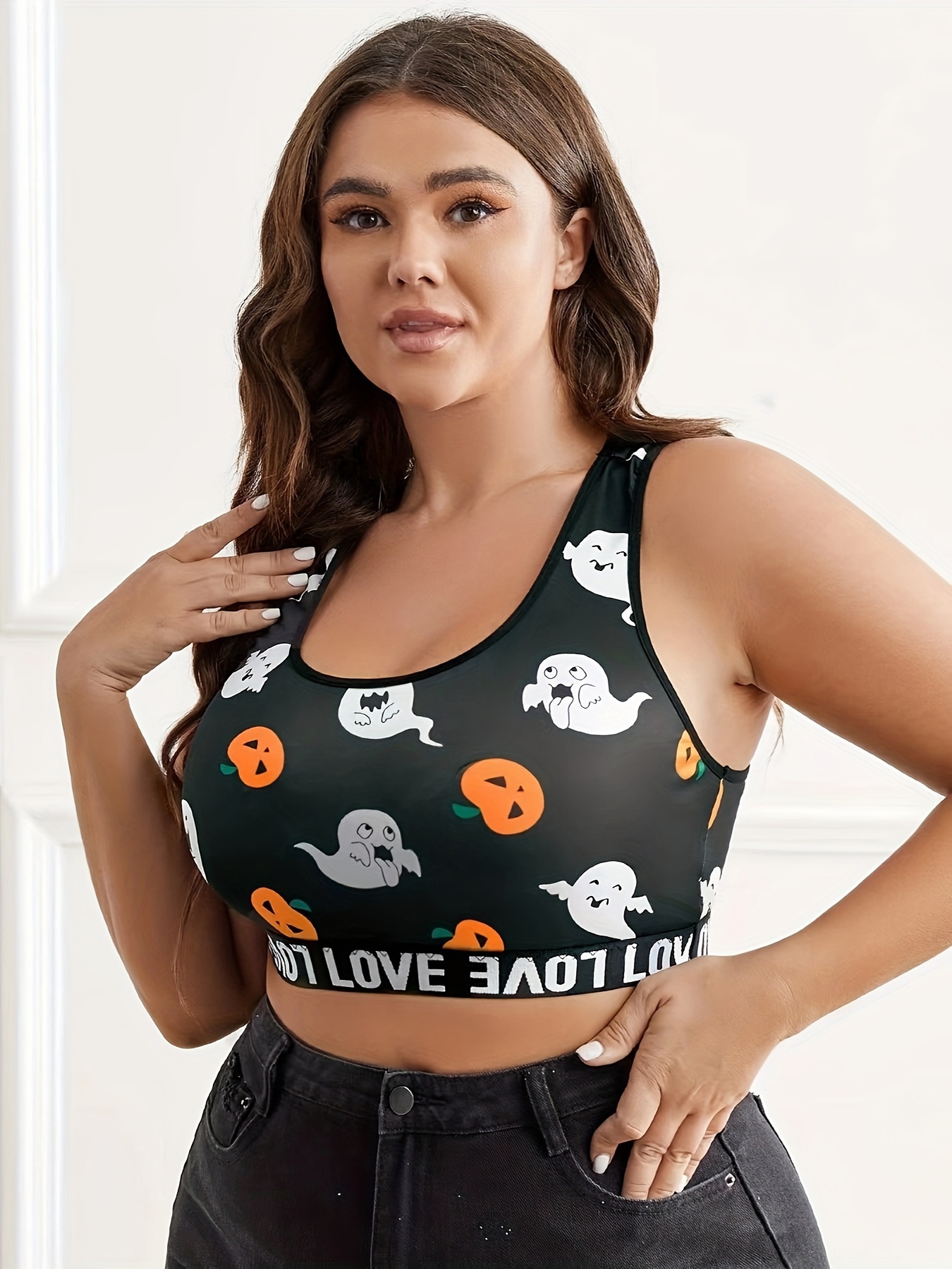 Plus Size Halloween Sports Bra Women's Plus Pumpkin Ghost - Temu