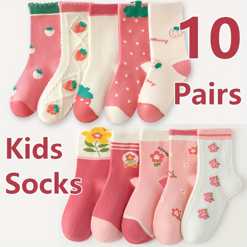 

10 Pairs Girl's Cartoon Strawberry Pattern Knitted Socks, Comfy Breathable Soft Crew Socks For Outdoor All Seasons Wearing
