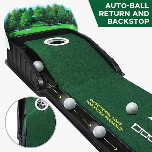 HUAEN GOLF ACCELERATOR PRO - Indoor Golf Putting Mat with Auto-Ball Return & Behind-the-Hole Ball Collector - Putter Alignment Guides at 3, 5 & 7 Feet