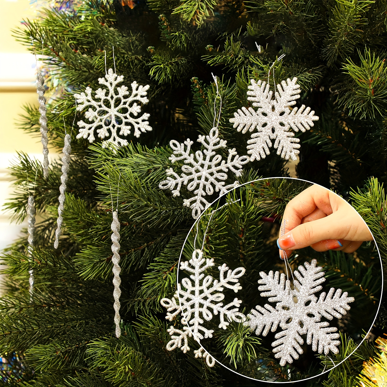 36pcs Christmas White Snowflake Ornaments Plastic Glitter Snow